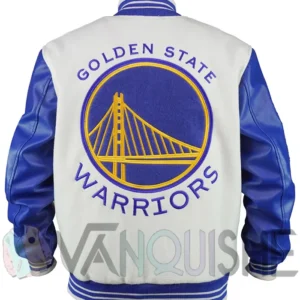 Golden State Warriors Cream and Blue Varsity Jacket Back look