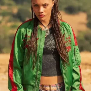 Meréana Tomlinson The Iris Affair Green Bomber Jacket Front Look