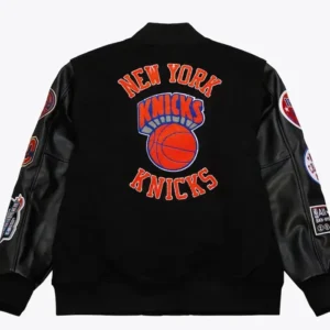 NY Knicks Black Out Team Logo Varsity Jacket Back look
