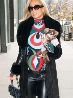 NYC Paris Hilton Black Leather Coat Front Look