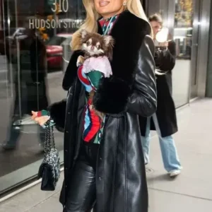 NYC Paris Hilton Black Leather Coat Front Look