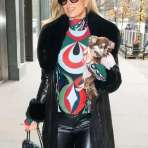 NYC Paris Hilton Black Leather Coat Front Look