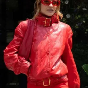 NYC Rita Ora Red Quilted Jacket Front Look