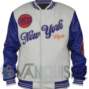 Ny Knicks Cream And Royal Varsity Leather And Wool Jacket Front Look