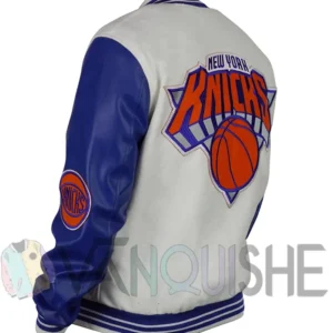 Ny Knicks Cream And Royal Varsity Leather And Wool Jacket Back Look