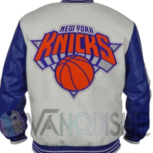 Ny Knicks Cream And Royal Varsity Leather And Wool Jacket Back Look