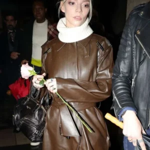 PFW Anya Taylor Joy Brown Leather Coat