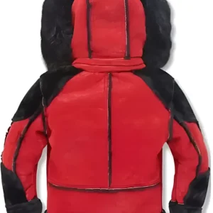 Red and Black Shearling Hooded Moto Jacket Back Look