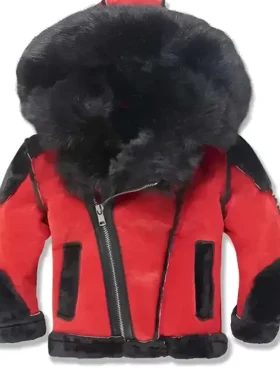 Red and Black Shearling Hooded Moto Jacket Front Look