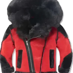 Red and Black Shearling Hooded Moto Jacket Front Look