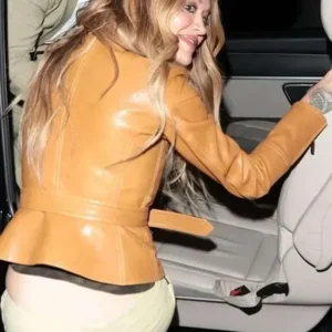 Rita Ora Brown Leather Jacket Back Look