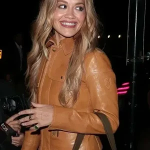 Rita Ora Brown Leather Jacket Front Look
