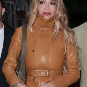 Rita Ora Brown Leather Jacket Front Look