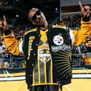 Snoop Dogg Steelers Varsity Jacket Front Look