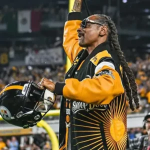 Snoop Dogg Steelers Varsity Jacket Front Look