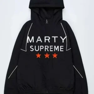 Timothée Chalamet Black Marty Supreme Jacket Front Look