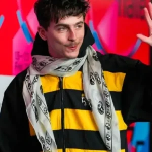 Timothee Chalamet Black and Yellow Stripe Hoodie Front look