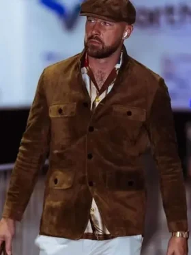 Travis Kelce Suede Leather Jacket Front Look