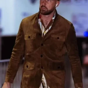 Travis Kelce Suede Leather Jacket Front Look