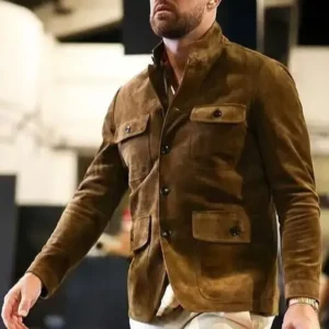 Travis Kelce Suede Leather Jacket Front Look