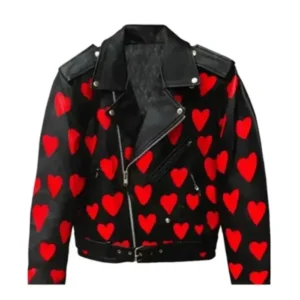 Valentine Heart Printed Leather Jacket Front Look