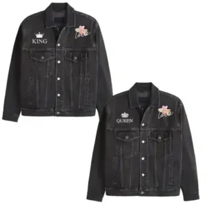Valentine Love King And Queen Couple Black Denim Jacket Front Look