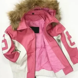 Womens 8 Ball Pink Leather Fur Hooded Jacket Front