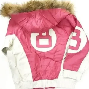 Womens 8 Ball Pink Leather Fur Hooded Jacket Back