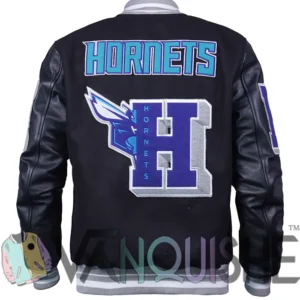 Charlotte Hornets Black Letterman Wool Varsity Jacket Back