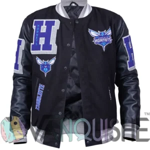 Charlotte Hornets Black Letterman Wool Varsity Jacket Front