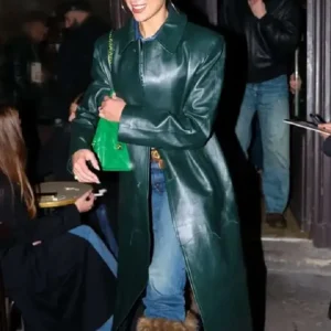 Dua Lipa Paris Green Leather Coat