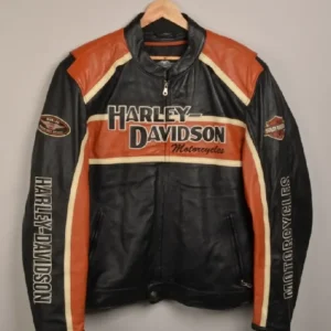 Harley Davidson Racing Black Orange Leather Jacket