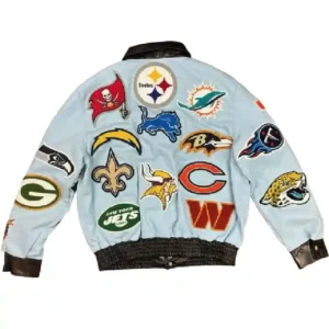 Jeff Hamilton NFL Collage Wool Blue Leather Jacket