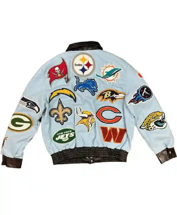 Jeff Hamilton NFL Collage Wool Blue Leather Jacket - On Sale