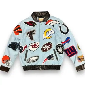 Jeff Hamilton NFL Collage Wool Blue Leather Jacket