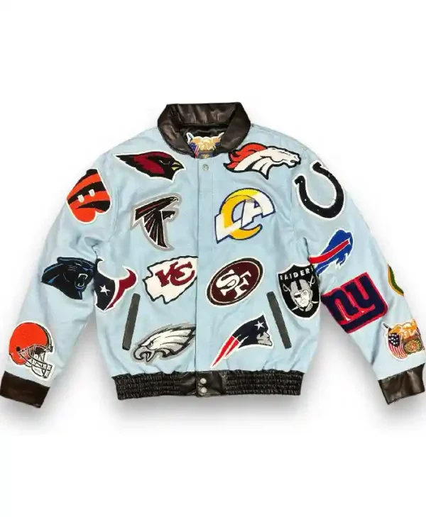 Jeff Hamilton NFL Collage Wool Blue Leather Jacket - On Sale