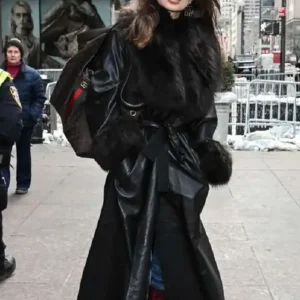 NYC Emily Ratajkowski Black Leather Coat