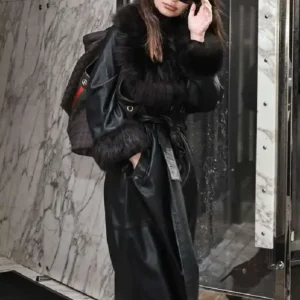NYC Emily Ratajkowski Black Leather Coat