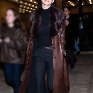 NYFW Emily Ratajkowski Brown Leather Coat