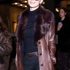 NYFW Emily Ratajkowski Brown Leather Coat