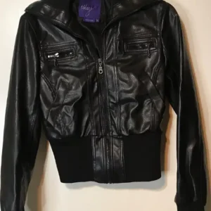 Miley Cyrus Max Azria Crop Leather Jacket Front