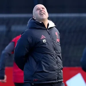Arne Slot Team Training Session LFC Puffer Jacket Front Look