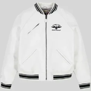 Avirex Stadium Embroidered White Leather Jacket Sale