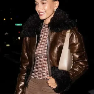 Buy Street Style Hailey Bieber Brown Fur Leather Jacket