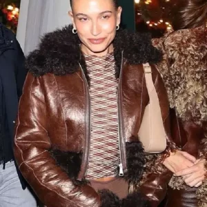 Buy Street Style Hailey Bieber Brown Fur Leather Jacket For Women