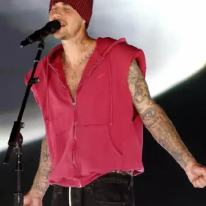 Coachella 2026 Justin Bieber Red Sleeveless Hoodie