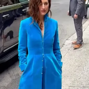 Grace Gummer Love Story Screening 2026 NYC Blue Velvet Long Coat For Women