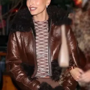 Hailey Bieber Fur Leather Jacket