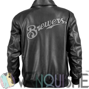 Milwaukee Brewers Black Leather Bomber Jacket Back