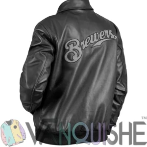 Milwaukee Brewers Black Leather Bomber Jacket Back Look